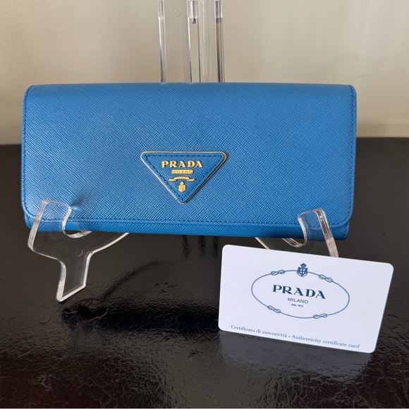 . Prada Long Saffiano Leather Triangle Wallet in Cobalt Blue - Picture 1 of 16
